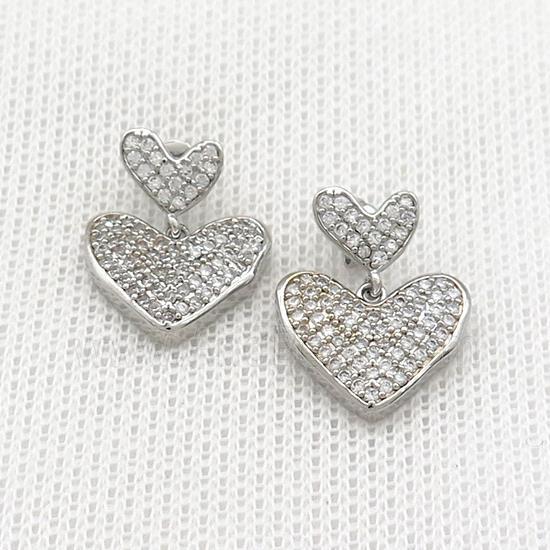Copper Stud Earrings Heart Pave Zircon Platinum Plated