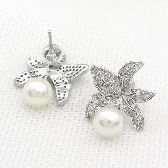 Copper Flower Stud Earrings Pave Zircon Pearlized Plastic Platinum Plated