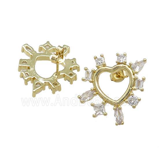 Copper Heart Stud Earrings Pave Zircon Gold Plated