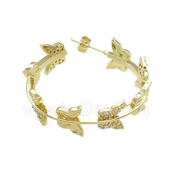 Copper Stud Earrings Pave Zircon Butterfly Gold Plated