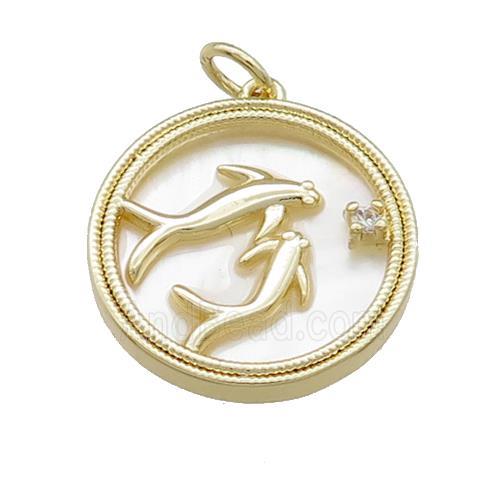 Dolphins Charms Copper Circle Pendant Pave Shell Gold Plated