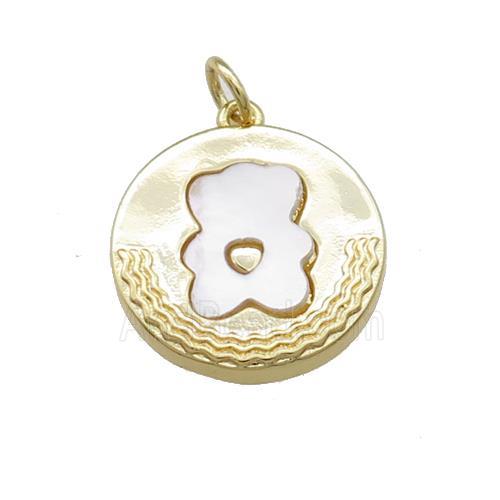 Bear Charms Copper Circle Pendant Pave Shell Gold Plated