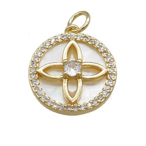 Flower Charms Copper Circle Pendant Pave Shell Zircon Gold Plated