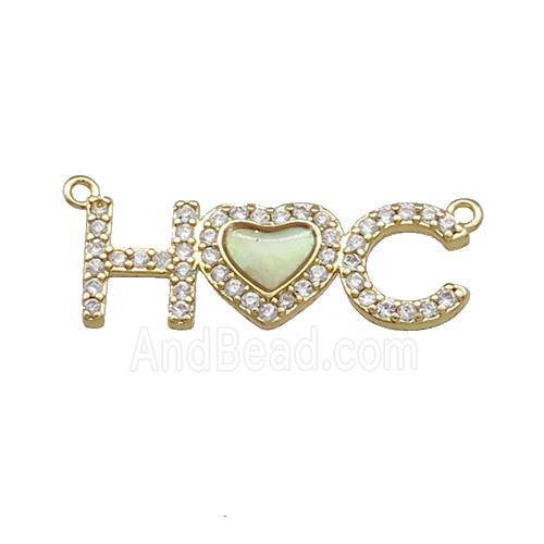 Copper Heart Pendant Pave Shell Zircon Letter 2loops Gold Plated