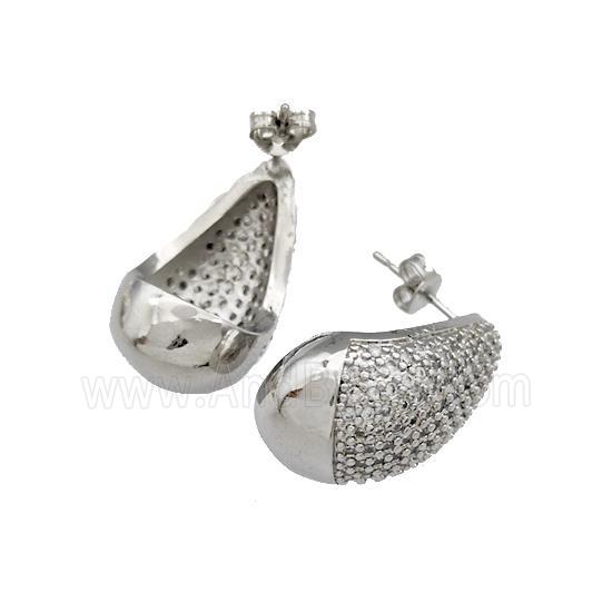 Copper Teardrop Stud Earrings Pave Zircon Dome Platinum Plated