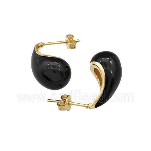 Copper Teardrop Stud Earrings Black Enamel Gold Plated