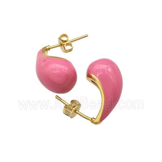 Copper Teardrop Stud Earrings Pink Enamel Gold Plated