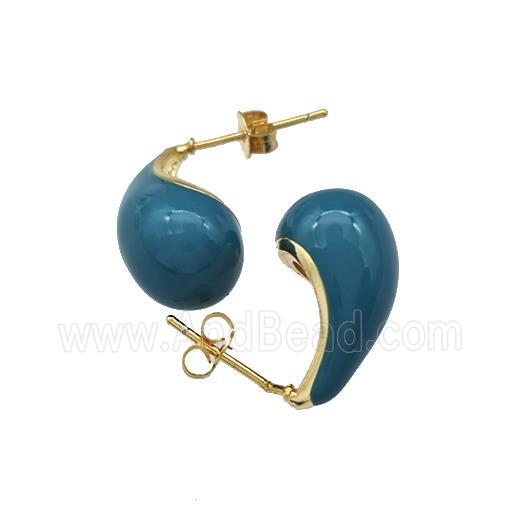 Copper Teardrop Stud Earrings Teal Enamel Gold Plated