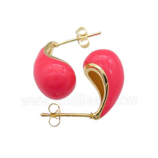 Copper Teardrop Stud Earrings Red Enamel Gold Plated