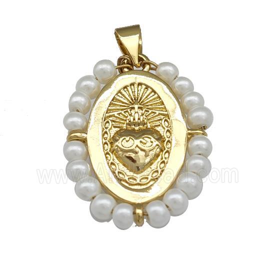 Copper Oval Pendant Sacred Heart With Pearlized Resin Wire Wrapped Gold Plated
