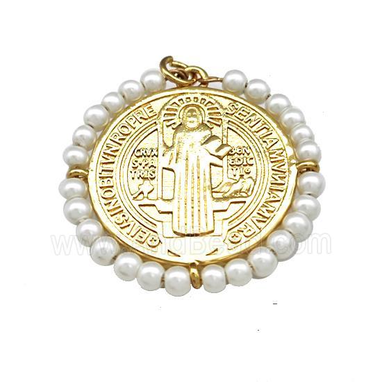 Saint Jude Charms Copper Circle Pendant With Pearlized Resin Wire Wrapped Gold Plated