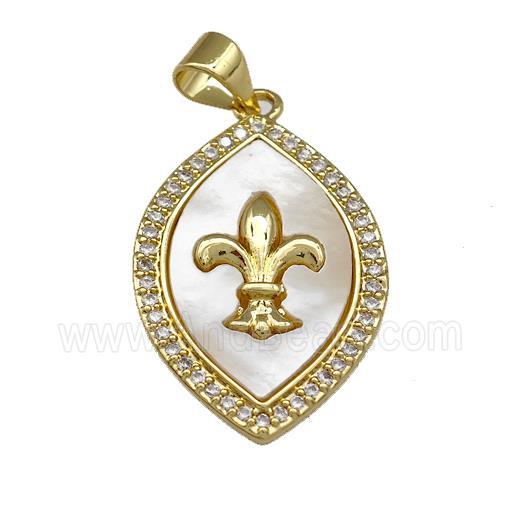Copper Oval Pendant Pave Shell Zirconia Fleur De Lis 18K Gold Plated