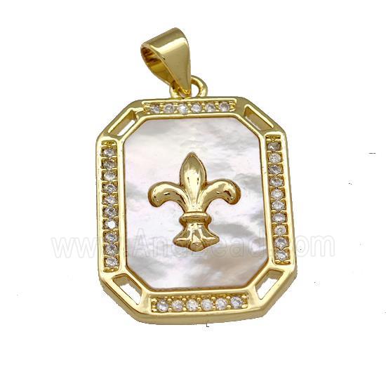 Copper Rectangle Pendant Pave Shell Zirconia Fleur De Lis 18K Gold Plated