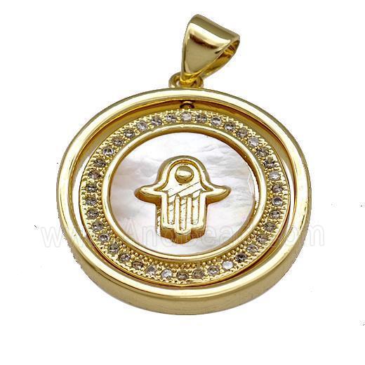 Copper Circle Pendant Pave Shell Zirconia Hamsahand 18K Gold Plated