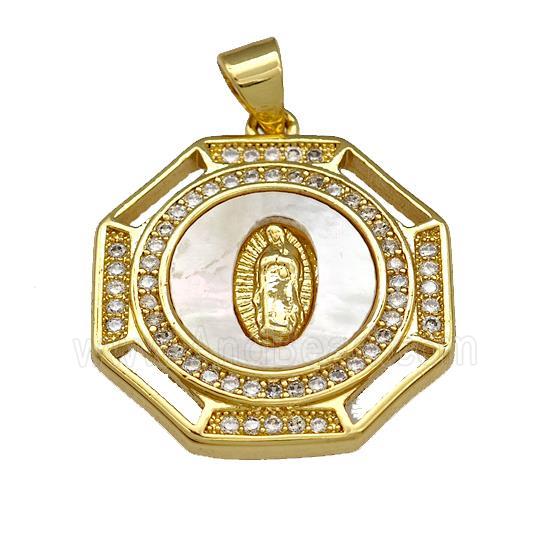 Virgin Mary Copper Pendant Pave Shell Zirconia Polygon 18K Gold Plated
