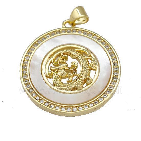 Dragon Charms Copper Circle Pendant Pave Shell Zirconia 18K Gold Plated