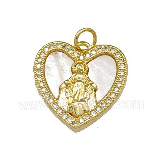 Virgin Mary Copper Heart Pendant Pave Shell Zirconia 18K Gold Plated