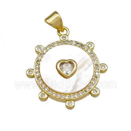 Copper Circle Pendant Pave Shell Zirconia Heart 18K Gold Plated