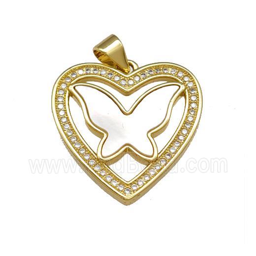 Copper Heart Pendant Pave Shell Zirconia Butterfly 18K Gold Plated