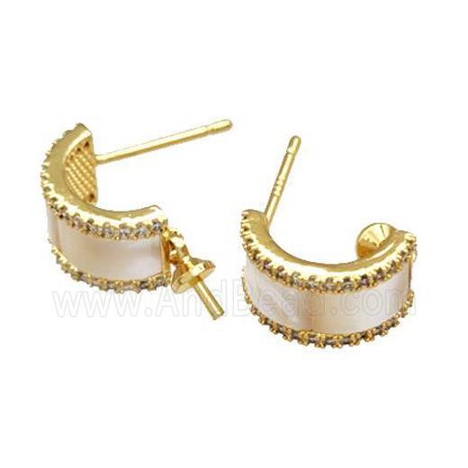 Copper Stud Earrings Pave Shell Zirconia With Bail 18K Gold Plated