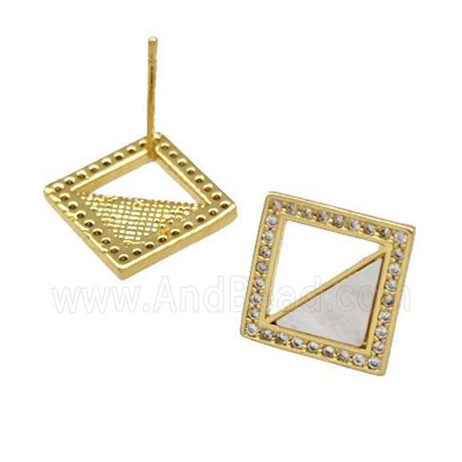 Copper Stud Earrings Pave Shell Zirconia Square 18K Gold Plated