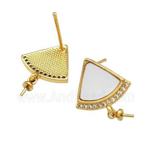 Copper Stud Earrings Pave Shell Zirconia With Bail Fan 18K Gold Plated