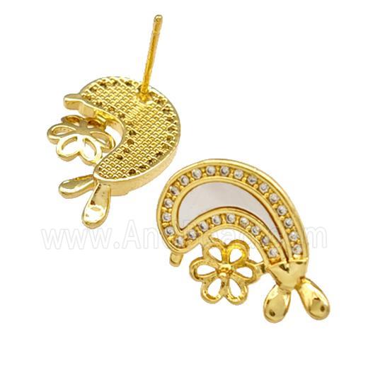 Copper Stud Earrings Pave Shell Zirconia Dolphin 18K Gold Plated