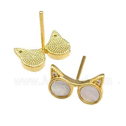 Copper Stud Earrings Pave Shell Zirconia Owl Eye 18K Gold Plated