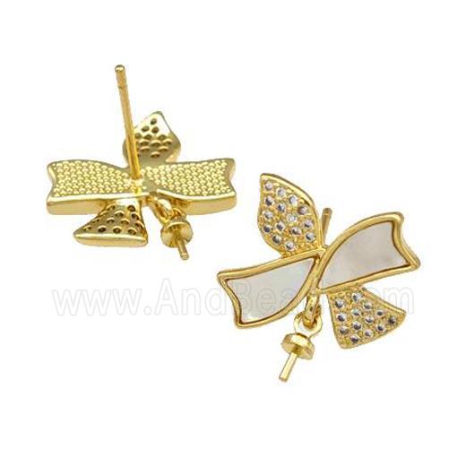 Copper Stud Earrings Pave Shell Zirconia With Bail Butterfly 18K Gold Plated