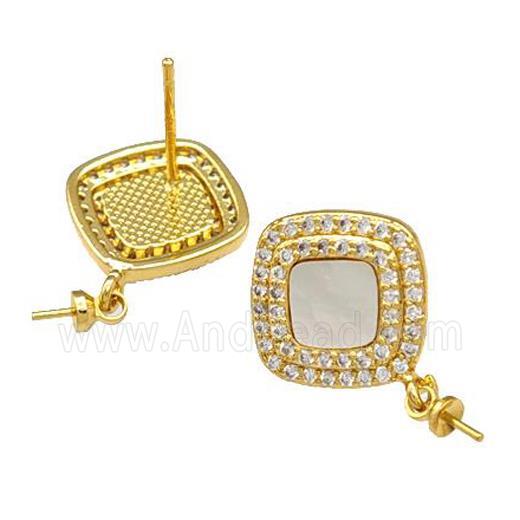 Copper Stud Earrings Pave Shell Zirconia With Bail Square 18K Gold Plated