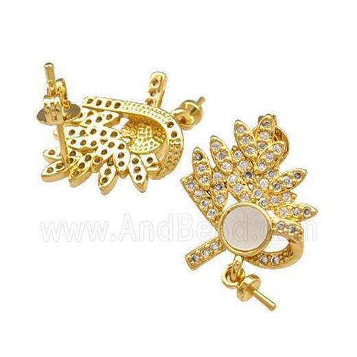 Copper Stud Earrings Pave Shell Zirconia With Bail Peacock 18K Gold Plated
