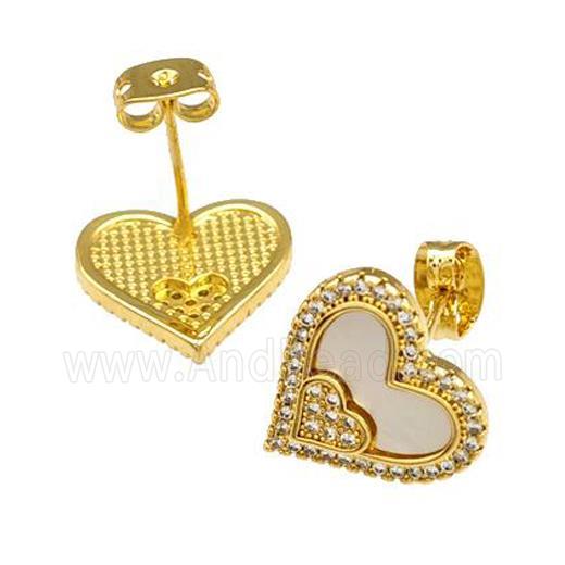 Copper Stud Earrings Pave Shell Zirconia Heart 18K Gold Plated