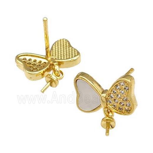 Copper Stud Earrings Pave Shell Zirconia With Bail Butterfly 18K Gold Plated