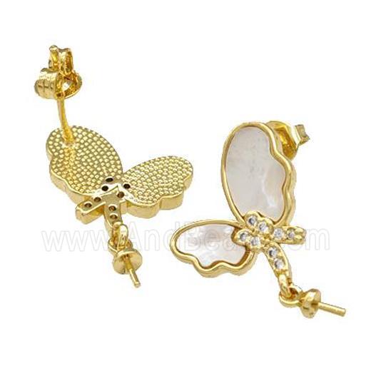 Copper Stud Earrings Pave Shell Zirconia With Bail Butterfly 18K Gold Plated