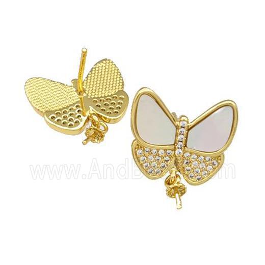 Copper Stud Earrings Pave Shell Zirconia With Bail Butterfly 18K Gold Plated