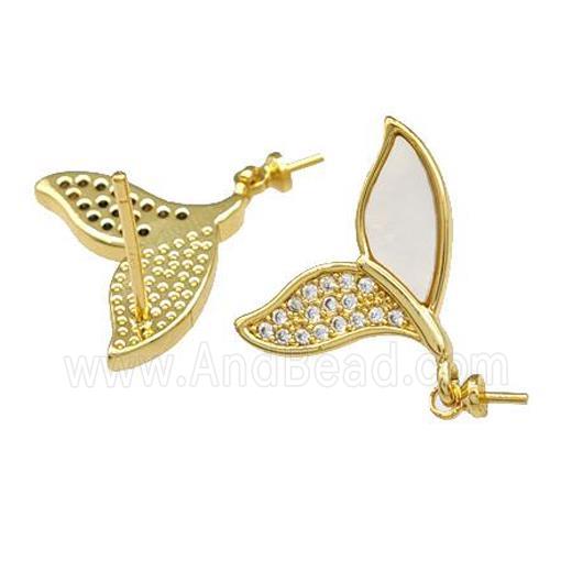 Copper Stud Earrings Pave Shell Zirconia With Bail Shark-Tail 18K Gold Plated