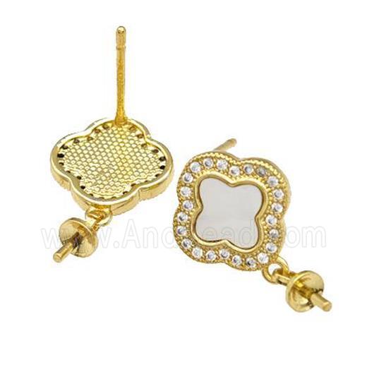 Copper Stud Earrings Pave Shell Zirconia With Bail Clover 18K Gold Plated