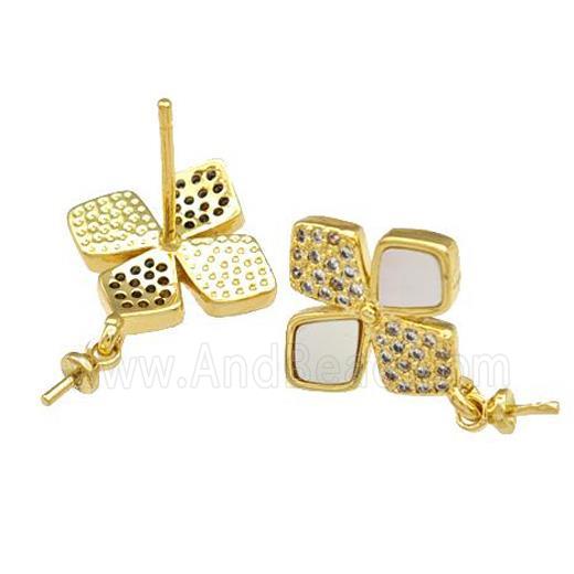 Copper Stud Earrings Pave Shell Zirconia With Bail Clover 18K Gold Plated