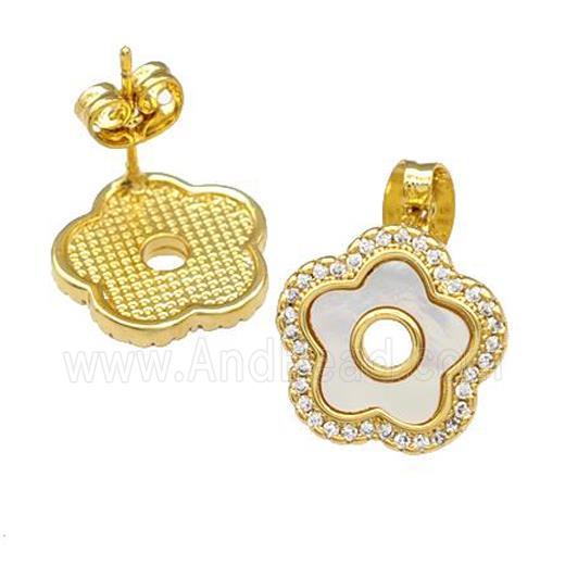 Copper Stud Earrings Pave Shell Zirconia Flower 18K Gold Plated