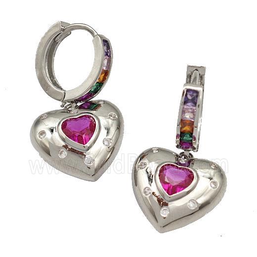 Copper Hoop Earrings Micro Pave Fuchsia Zirconia Heart Platinum Plated