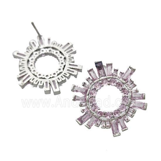 Copper Stud Earrings Micro Pave Pink Zirconia Sun Platinum Plated