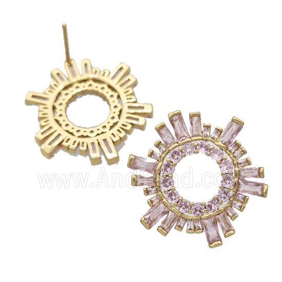 Copper Stud Earrings Micro Pave Pink Zirconia Sun Gold Plated