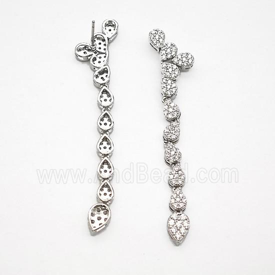 Copper Stud Earrings Micro Pave Zirconia Teardrop Link Stick Platinum Plated