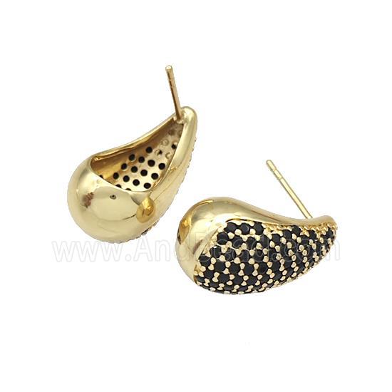Copper Stud Earrings Micro Pave Black Zirconia Teardrop Hollow Gold Plated