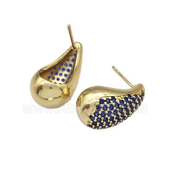 Copper Stud Earrings Micro Pave Blue Zirconia Teardrop Hollow Gold Plated