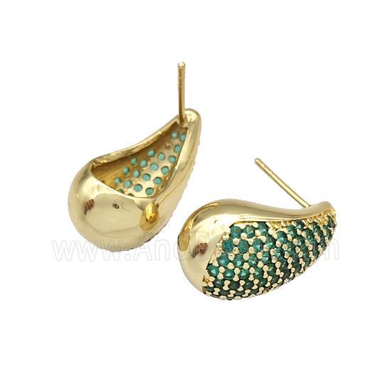 Copper Stud Earrings Micro Pave Green Zirconia Teardrop Hollow Gold Plated