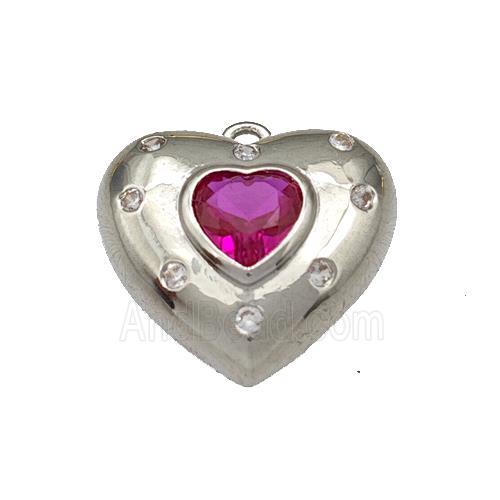 Copper Heart Pendant Micro Pave Fuchsia Zirconia Platinum Plated