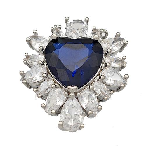 Copper Heart Pendant Pave Blue Crystal Zirconia Platinum Plated