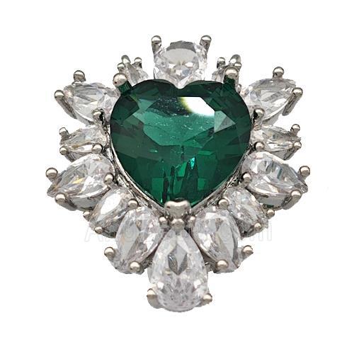 Copper Heart Pendant Pave Green Crystal Zirconia Platinum Plated