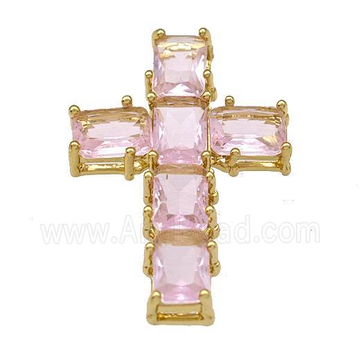 Copper Cross Pendant Micro Pave Pink Crystal Gold Plated